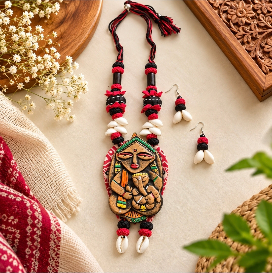 Handmade Maa Durga & Bal Ganesh Clay Pendant Necklace Set