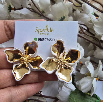 Gold Floral Statement Earrings with White Enamel | Elegant Designer Earrings for Women | Party & Festive Wear