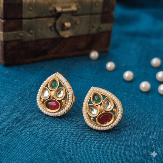 Traditional Kundan Teardrop Stud Earrings with Pearl Border – Ethnic Gold Tone Festive Earrings for Women