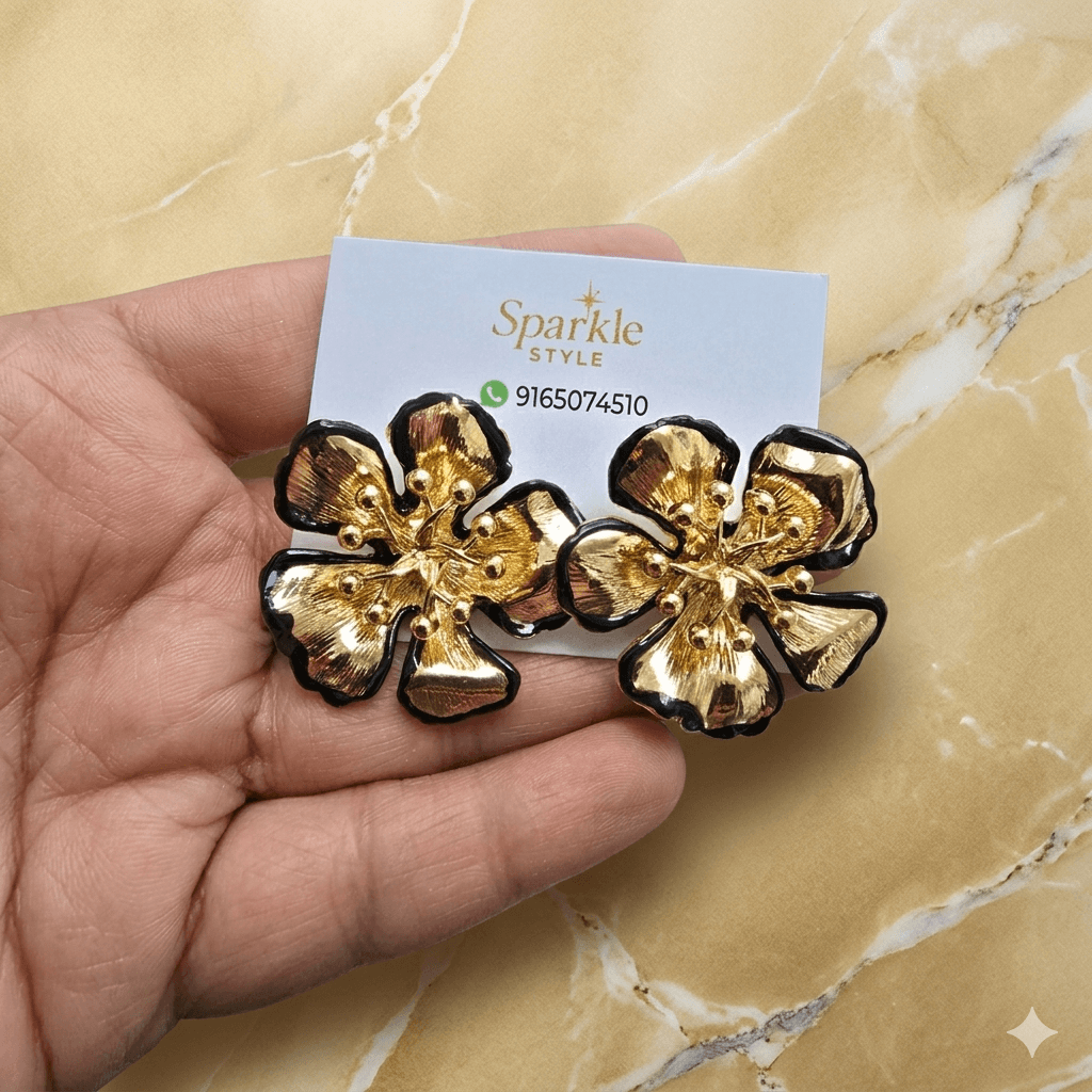 Golden Floral Statement Earrings with Black Enamel | Designer Party Wear Earrings for Women