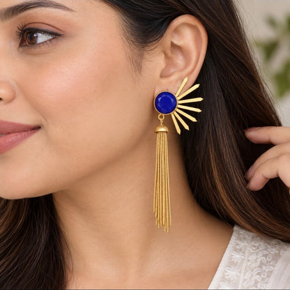 Royal Blue Stone Sunburst Gold Tassel Earrings | Anti-Tarnish
