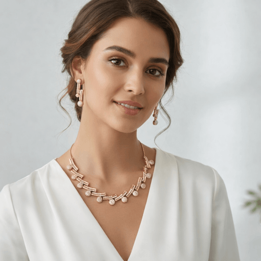 Rose Gold Adjustable AD Stone Necklace Set with Drop Motifs & Matching Earrings