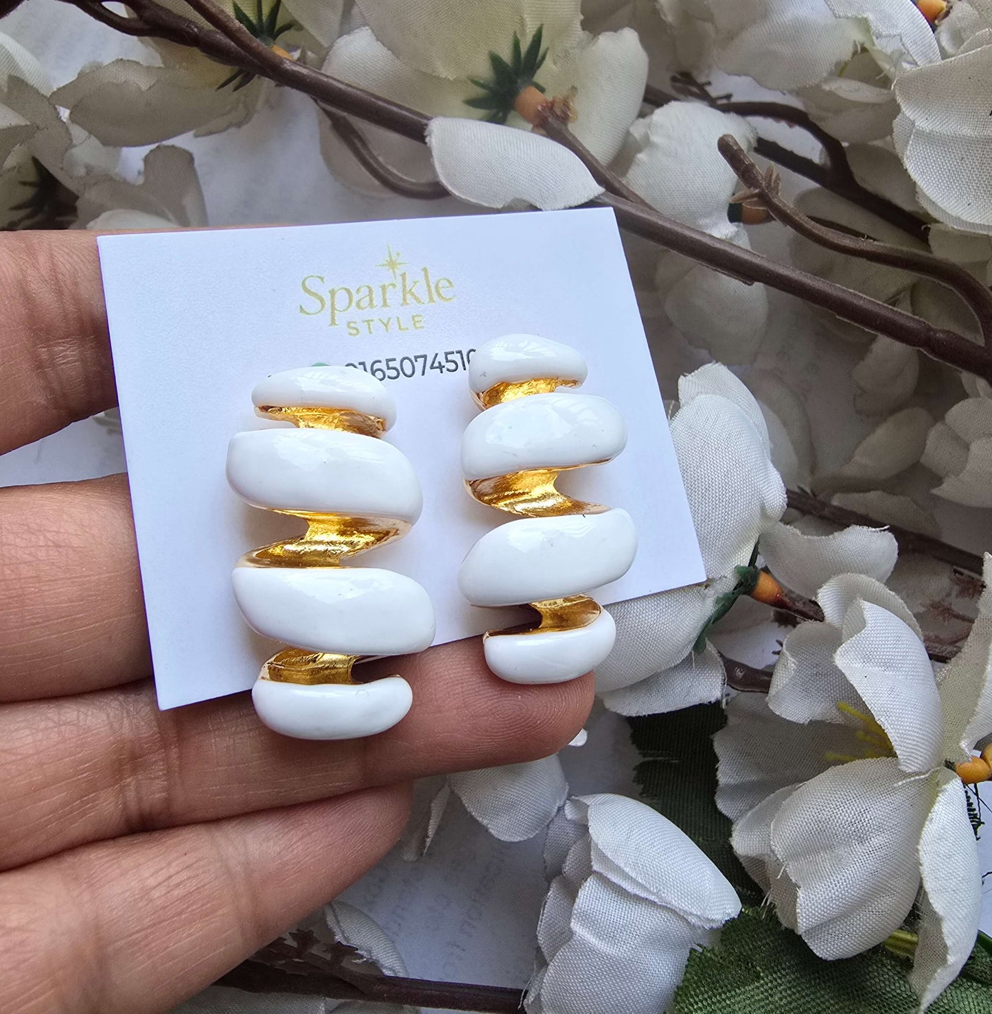 White Enamel Spiral Statement Earrings with Gold Finish | Chunky Designer Earrings for Women | Trendy Party Wear