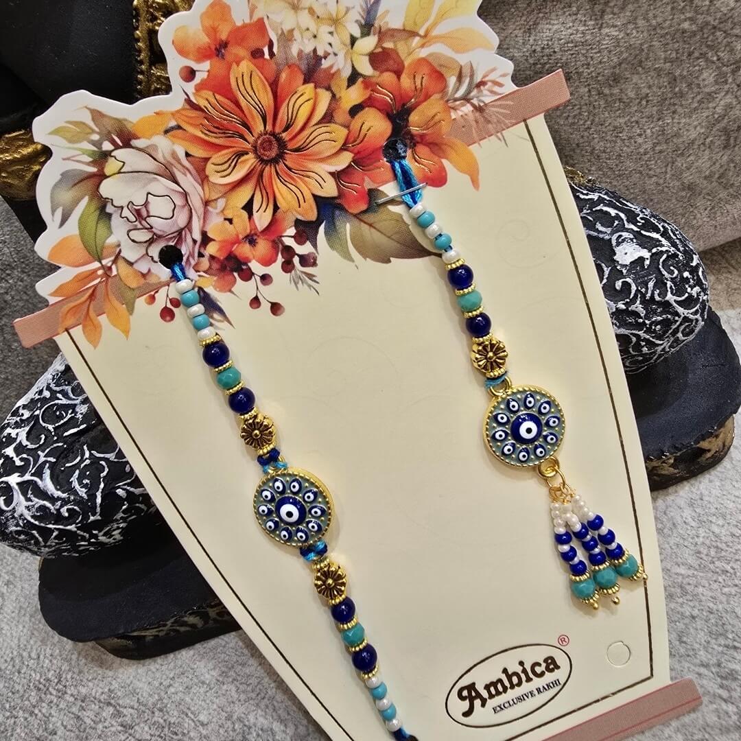 Evil Eye Rakhi Set for Bhai Bhabhi | Blue Beaded Designer Lumba
