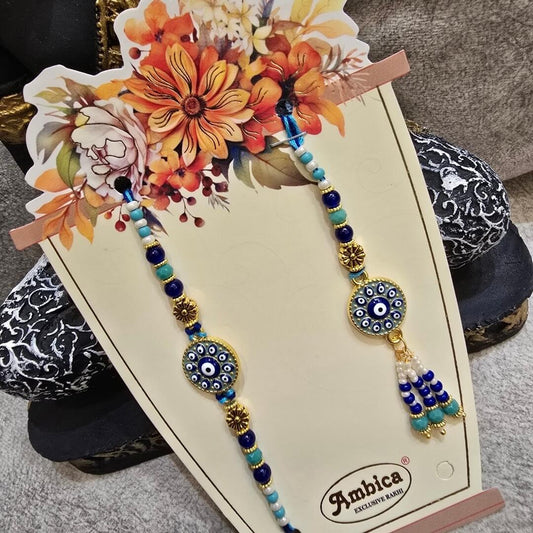 Evil Eye Rakhi Set for Bhai Bhabhi | Blue Beaded Designer Lumba