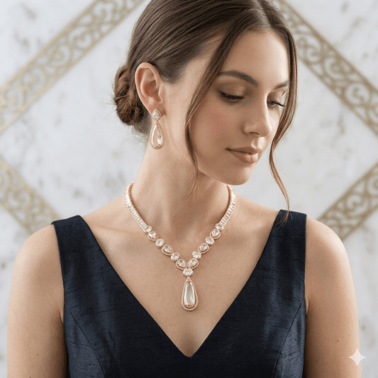 Luxury American Diamond Teardrop Necklace Set with Earrings | Party Wear Jewelry