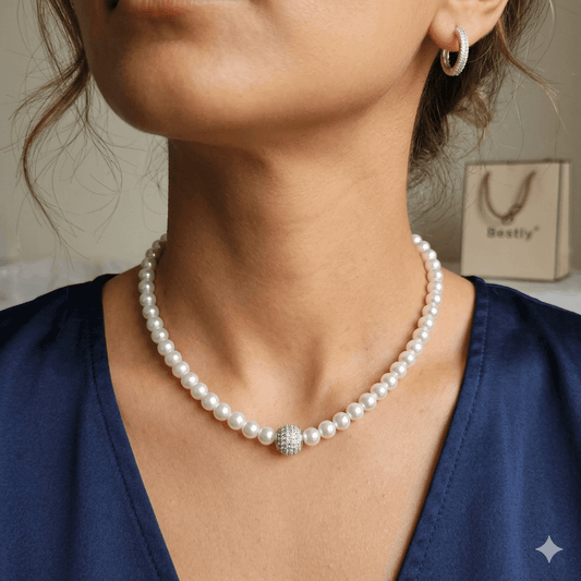 Elegant Pearl Necklace Set with Crystal Accent & CZ Bali Earrings | Party Wear Jewelry Set