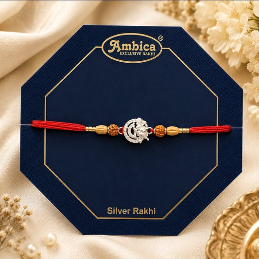 Silver Finish Lord Ganesha Rakhi with Rudraksha & Wooden Beads | Premium Rakhi with Roli Chawal