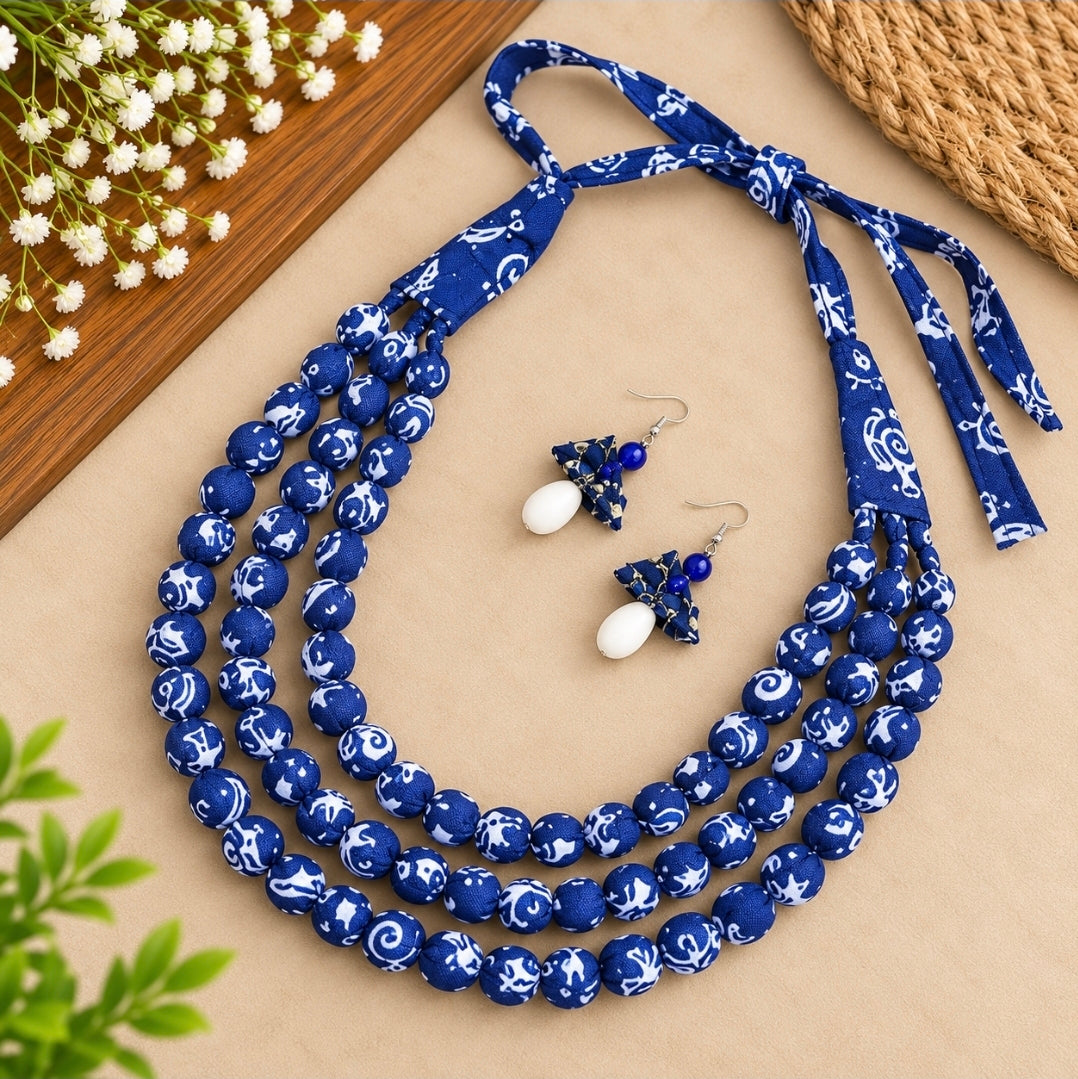 Handmade Printed Fabric Bead Necklace Set with Earrings