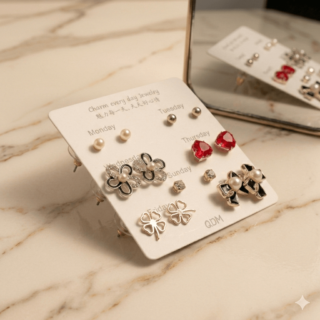 7 Days Stud Earrings Set for Women & Girls – Pearl, Crystal, Heart & Bow Daily Wear Earrings Combo