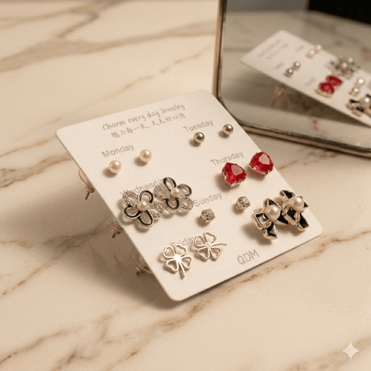 7 Days Stud Earrings Set for Women & Girls – Pearl, Crystal, Heart & Bow Daily Wear Earrings Combo