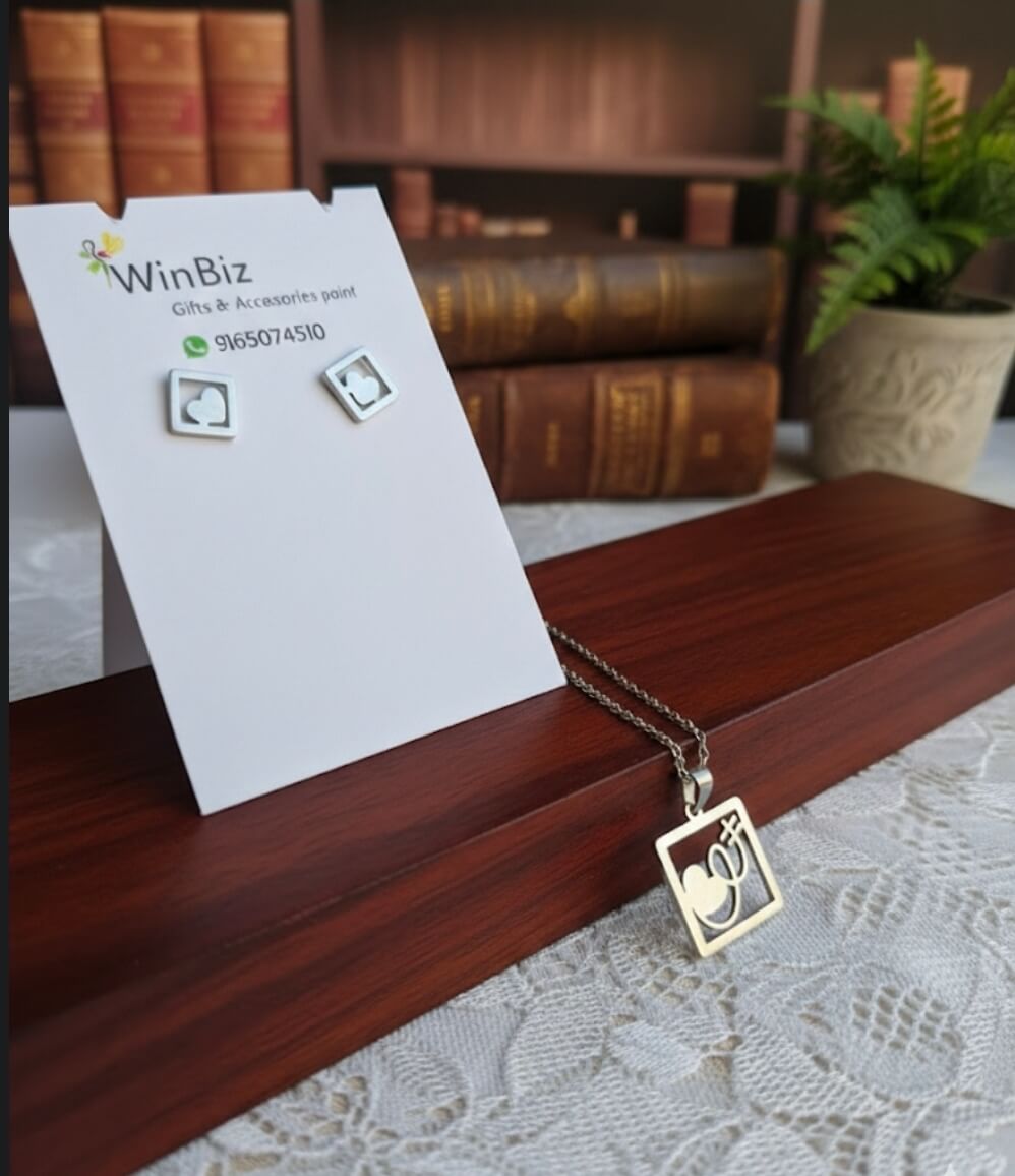 Stainless Steel Square Pendant Necklace & Heart Stud Earrings Set for Girls – Daily Wear Jewellery