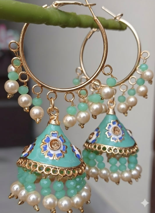Sea Green Jhumkaas with Enamel Work