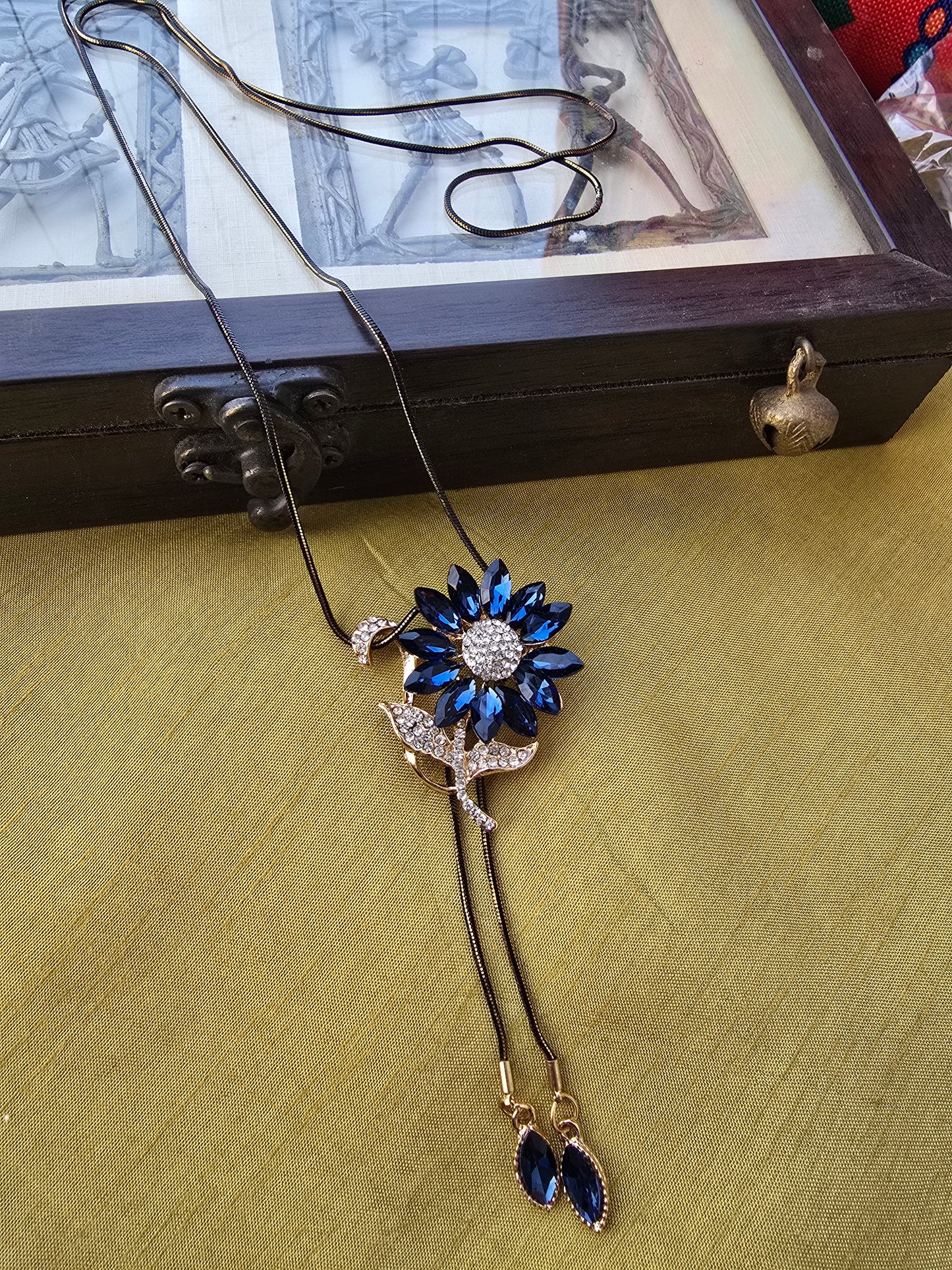 Blue Sunflower Pendant with long Black Chain