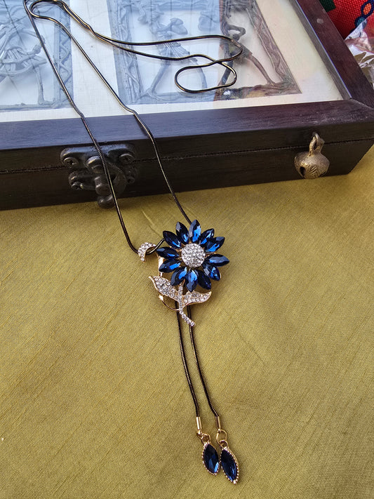 Blue Sunflower Pendant with long Black Chain