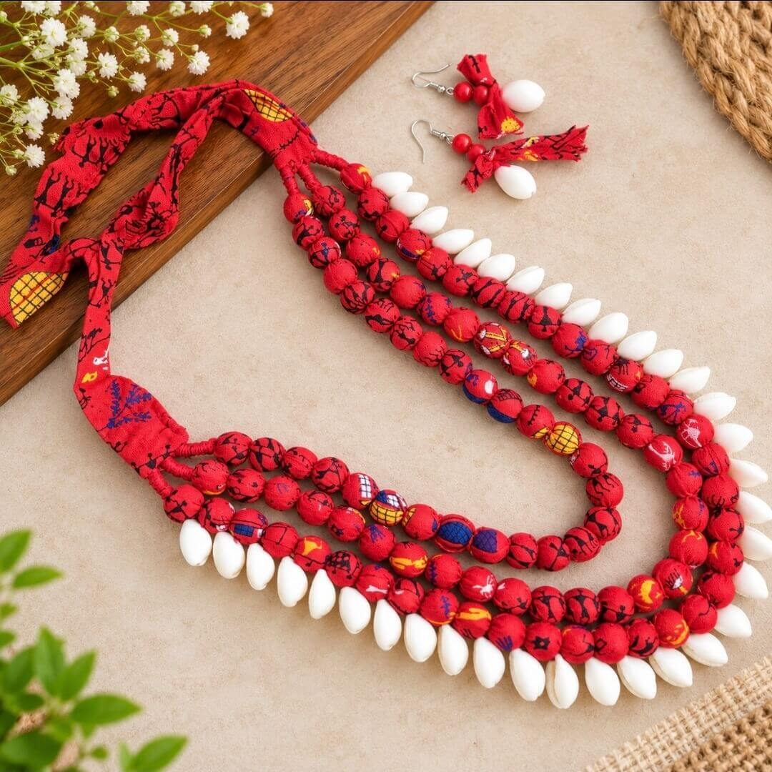 Handmade Fabric Bead Necklace Set with Shells | Boho Jewellery