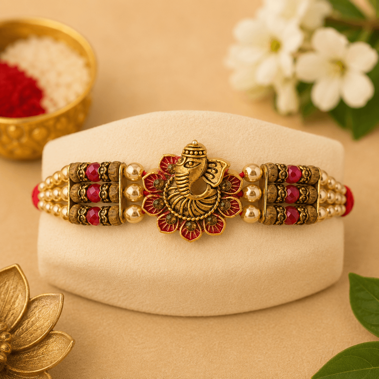 Lord Ganesha Designer Rakhi for Brother | Premium Beaded Rakhi | Traditional Raksha Bandhan Rakhi with Roli Chawal
