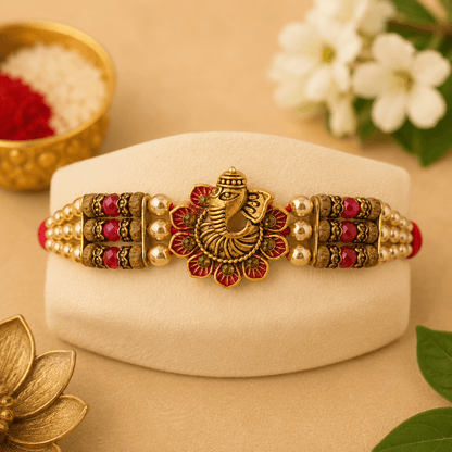 Lord Ganesha Designer Rakhi for Brother | Premium Beaded Rakhi | Traditional Raksha Bandhan Rakhi with Roli Chawal