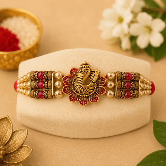 Lord Ganesha Designer Rakhi for Brother | Premium Beaded Rakhi | Traditional Raksha Bandhan Rakhi with Roli Chawal