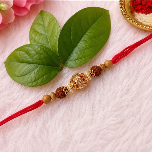 Premium Rudraksha AD Rakhi for Brother with Designer Gold and pearl Beads & Roli Chawal | Raksha Bandhan Rakhi