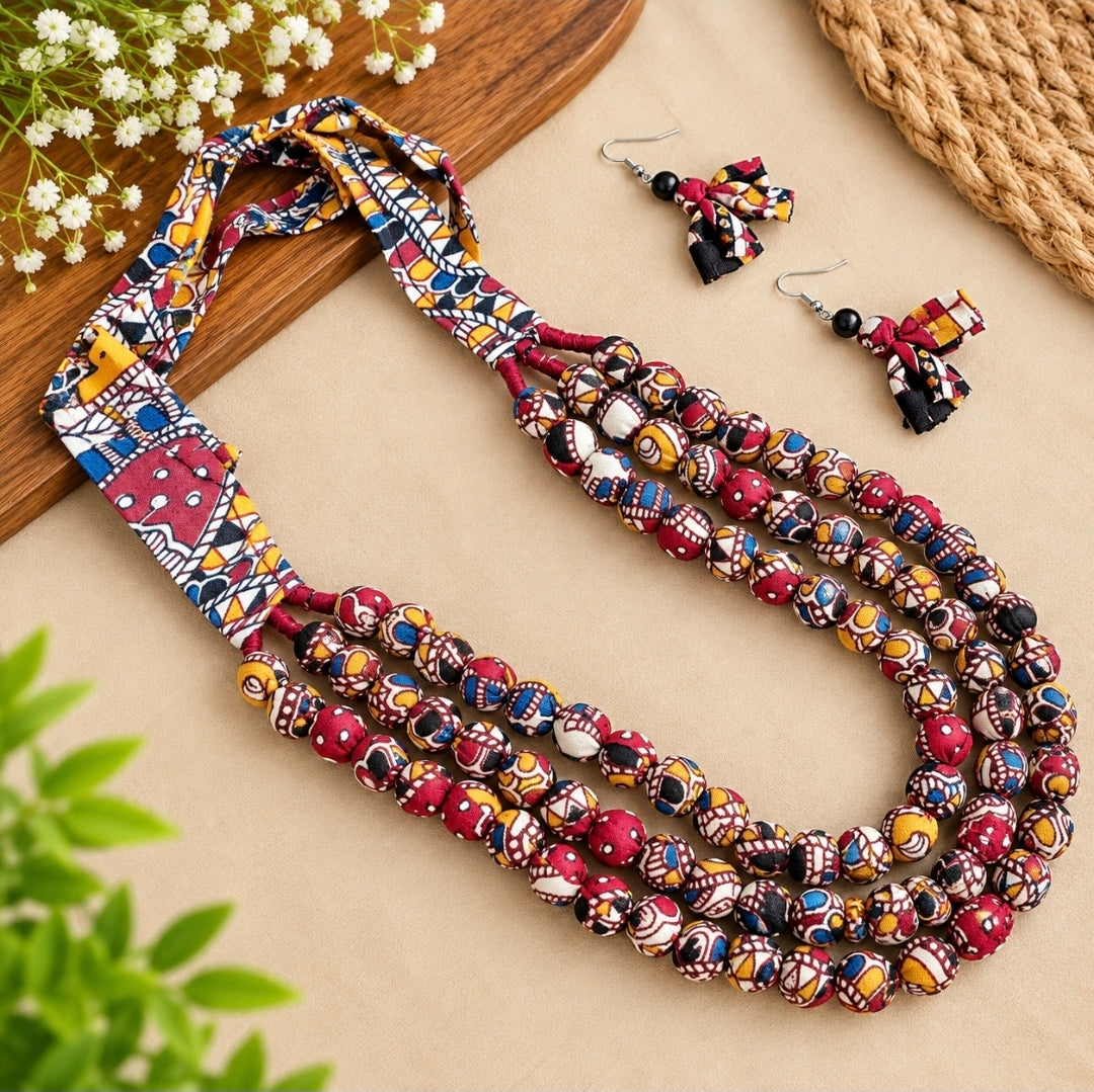 Handmade Kalamkari Fabric Bead Necklace Set with Earrings