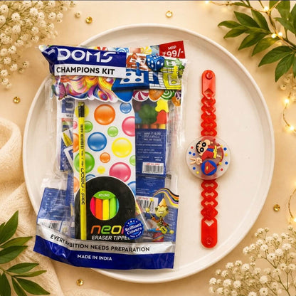 Kids LED Blinking Rakhi with DOMS Champions Kit & Roli Chawal | Light Rakhi & ₹99 Stationery Gift Combo