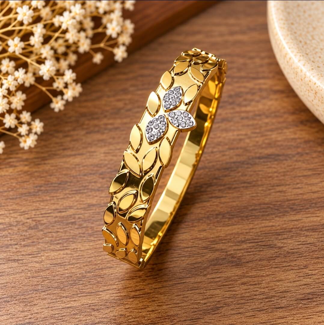 Anti-Tarnish Gold-Tone Floral Stone Studded Openable Bracelet for Women ( For Small Wrists)