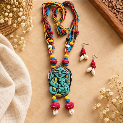 Handmade Maa Durga & Bal Ganesh Clay Pendant long Necklace Set
