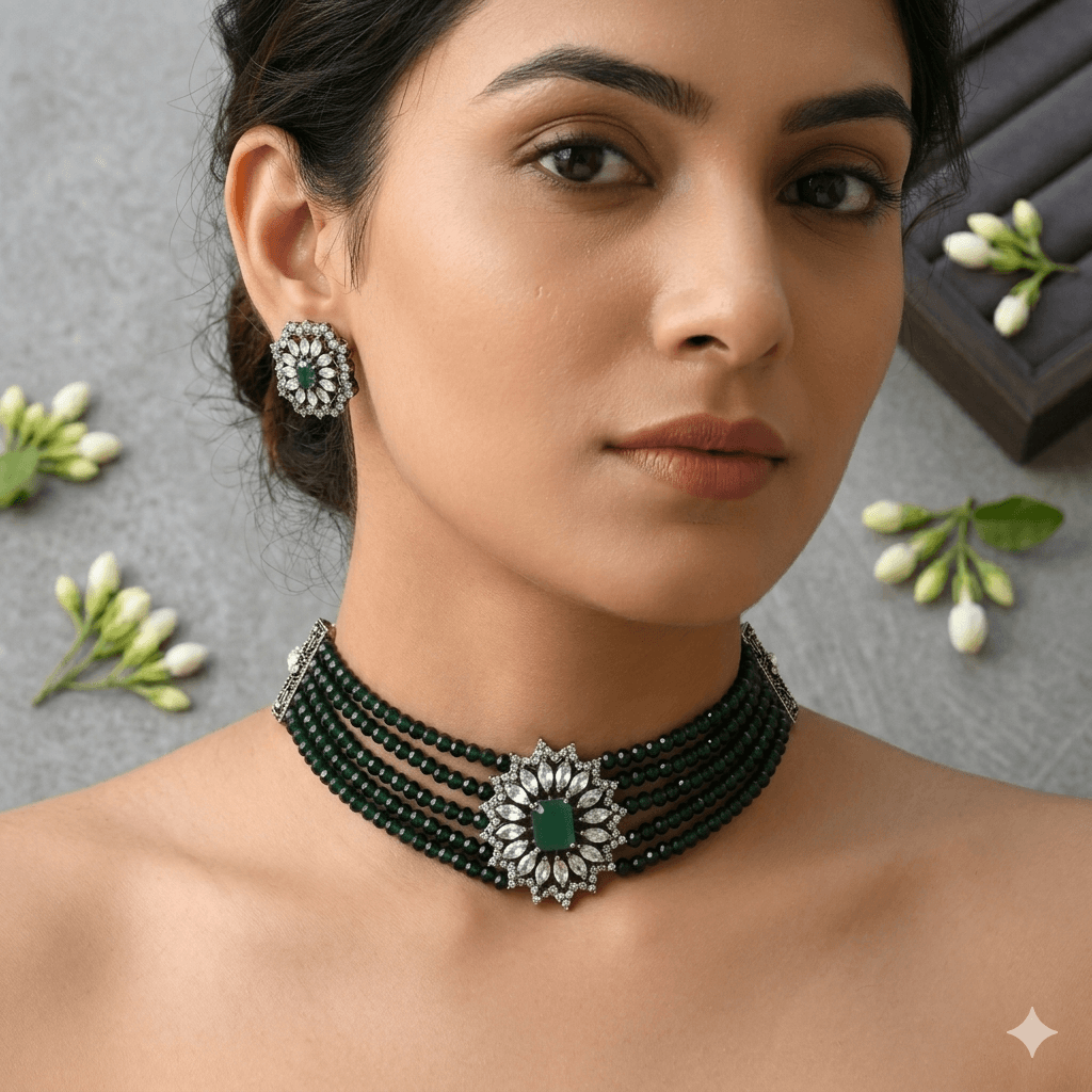 Emerald Green Onyx Beaded Multi-Layer Choker Set with Black Polish AD Stone Pendant & Stud Earrings
