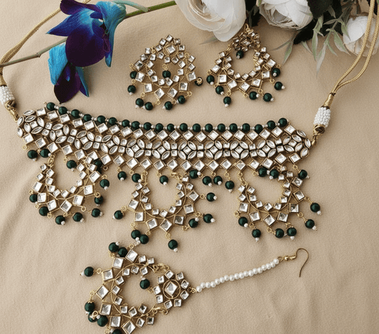 Kundan Choker set with Emerald Green Pearl Drops