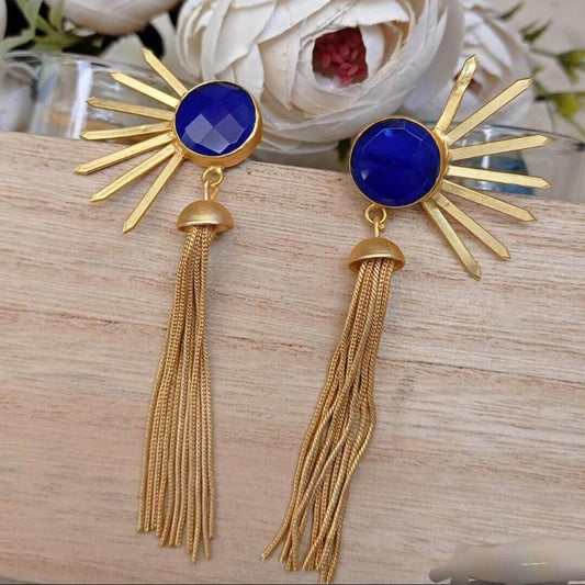 Royal Blue Stone Sunburst Gold Tassel Earrings | Anti-Tarnish