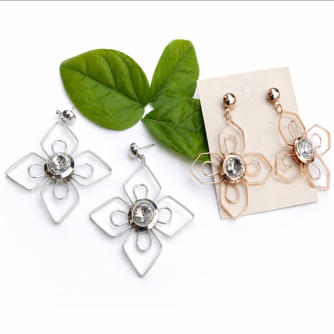 Elegant Floral Crystal Earrings – Silver & Rose Gold Statement Earrings