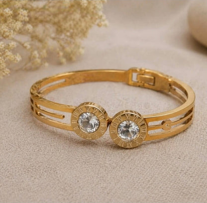 Gold Plated Anti-Tarnish Openable Bracelet with Roman Numeral Crystal Design