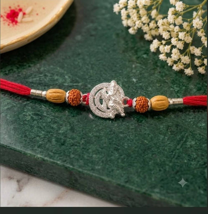 Silver Finish Lord Ganesha Rakhi with Rudraksha & Wooden Beads | Premium Rakhi with Roli Chawal