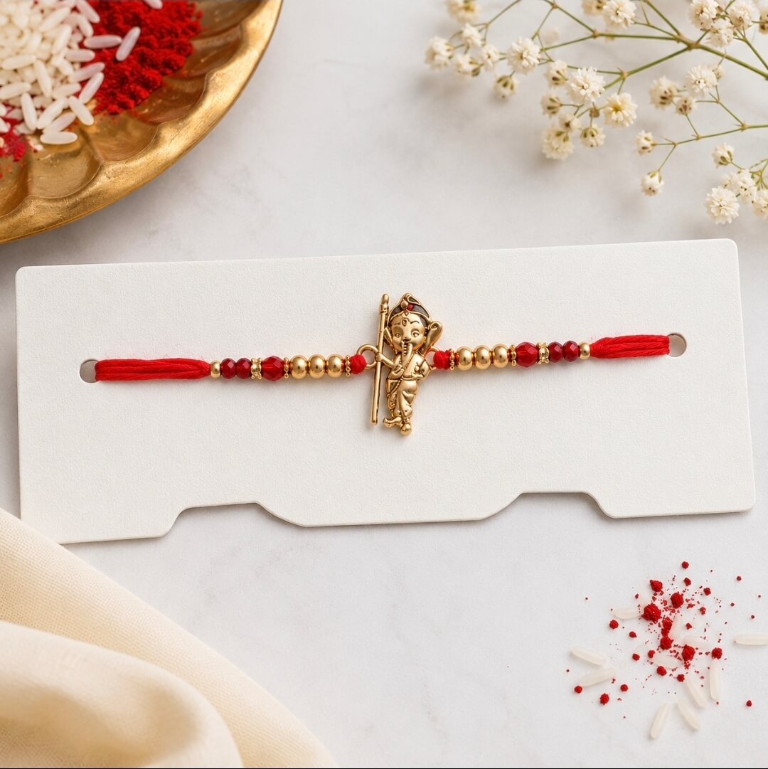 Bal Ganesh Rakhi with Crystal & Gold Beads | Premium Kids Rakhi for Brother
