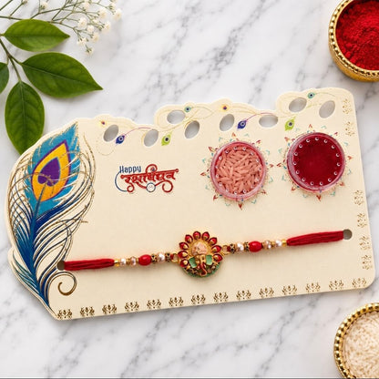 Designer Ganesha Rakhi with Red Beads & Gold-Tone Detailing with Roli Chawal | Raksha Bandhan Rakhi