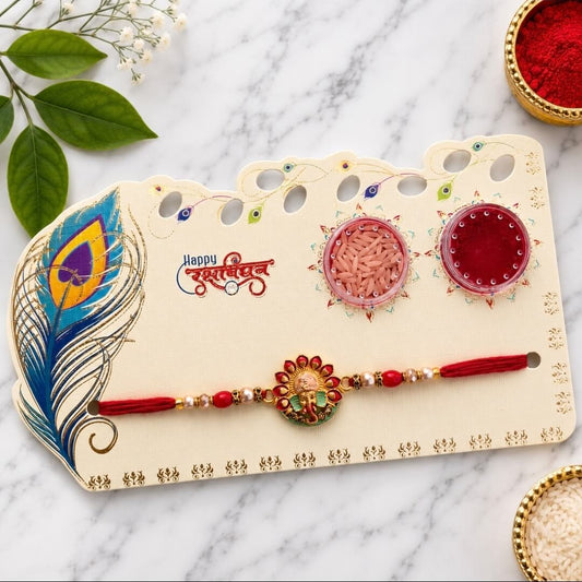 Designer Ganesha Rakhi with Red Beads & Gold-Tone Detailing with Roli Chawal | Raksha Bandhan Rakhi