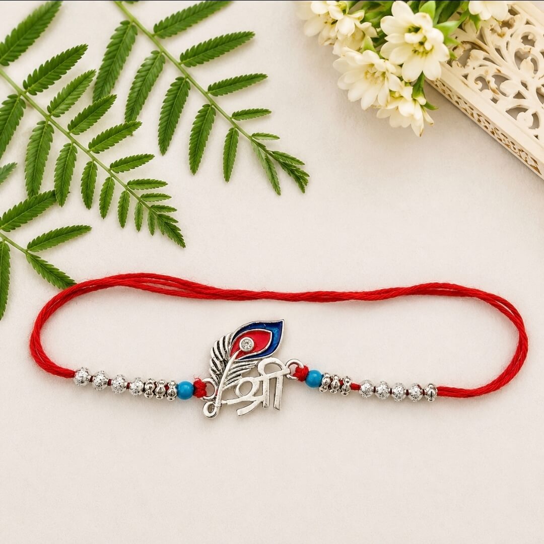 Shri Designer Rakhi for Brother | Peacock Feather Rakhi | Silver-Tone Beaded Rakhi with