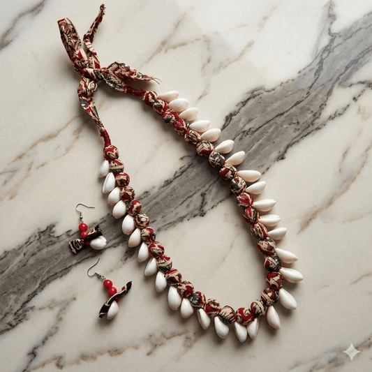 Ethnic Fabric & Shell Statement Necklace Set