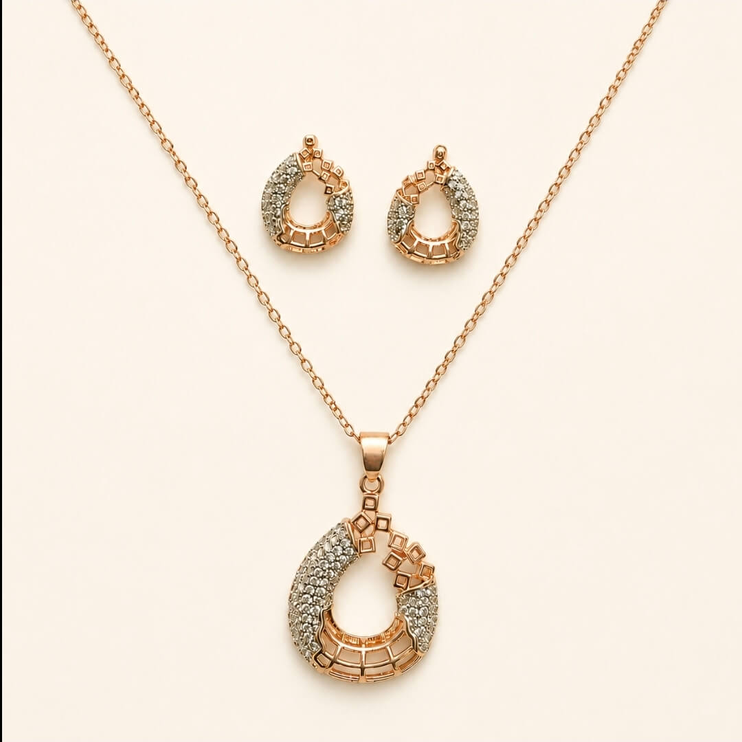 Rose Gold Crystal Pendant Necklace & Earrings Set
