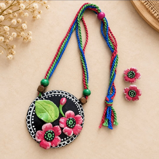 Handmade Pink Floral Round Clay Necklace Set with Earrings