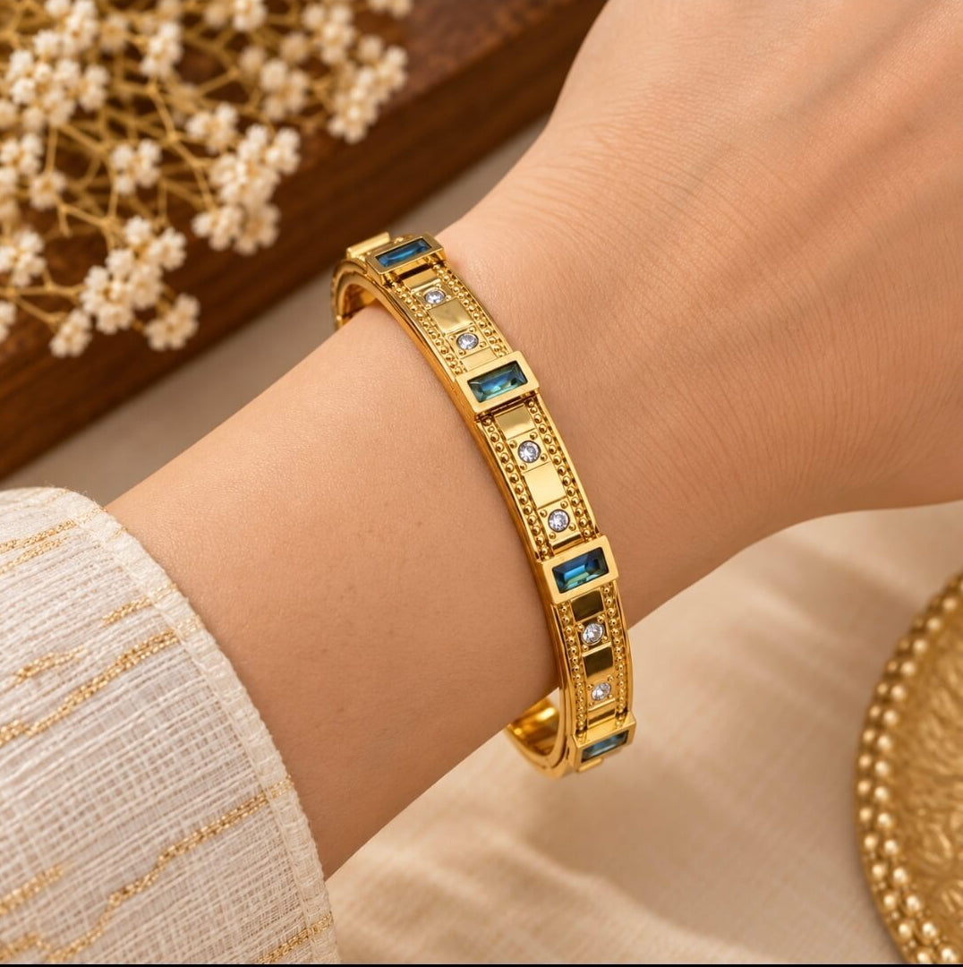 Gold-Toned Anti-Tarnish Bracelet with Green Stones for Women