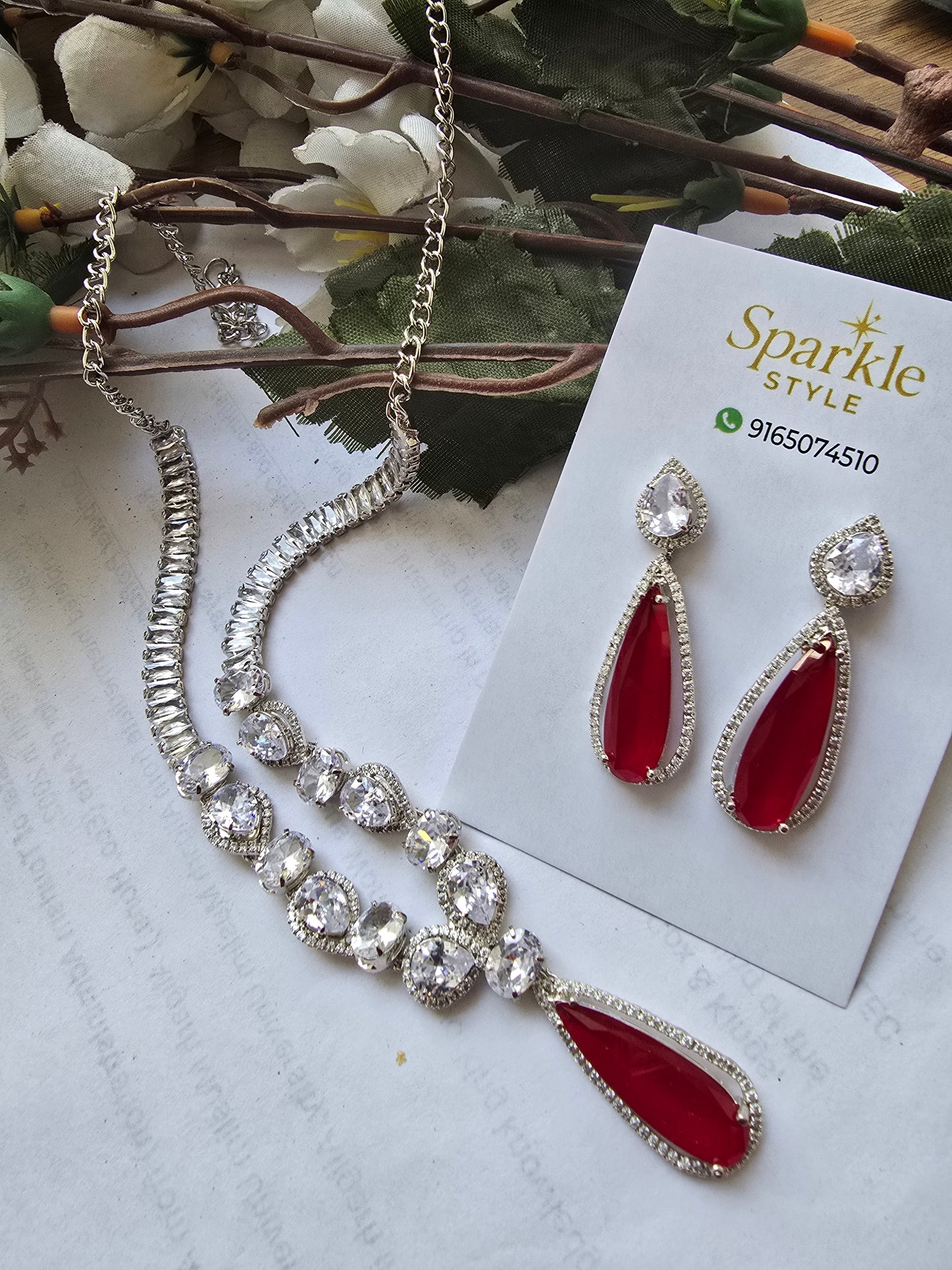 Elegant Teardrop Stone Necklace Set with Earrings | Multi-Color Party & Bridal Jewelry