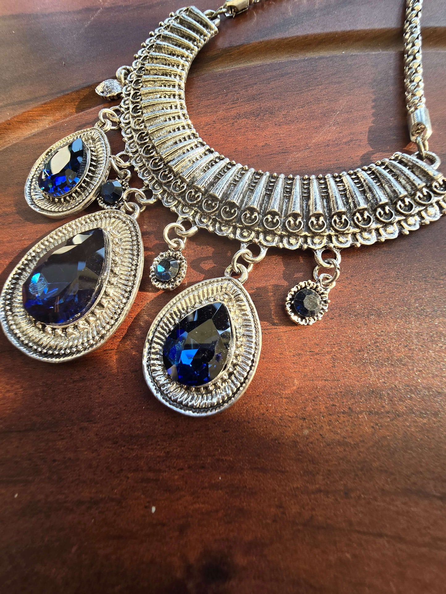Oxidised Necklace with Blue Teardrop Charms