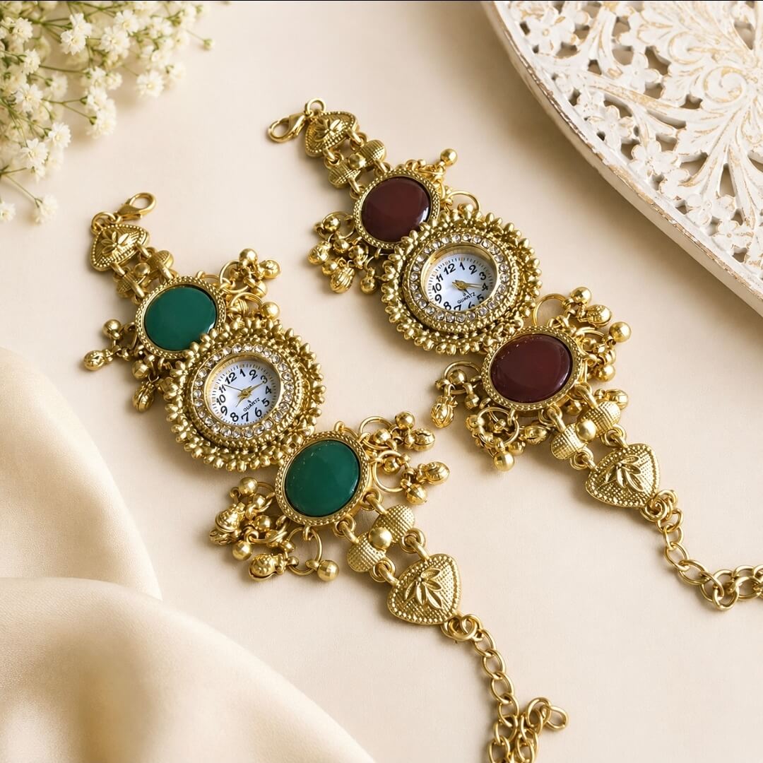 Antique Gold Bracelet Watch with Green & Red Stone Charms