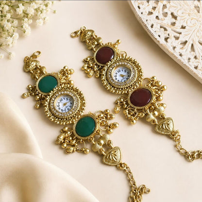 Antique Gold Bracelet Watch with Green & Red Stone Charms
