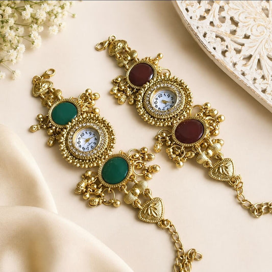 Antique Gold Bracelet Watch with Green & Red Stone Charms