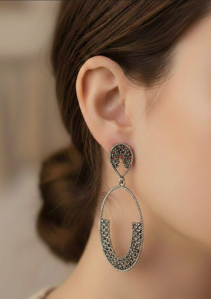 Silver Crystal Drop Oval Earrings