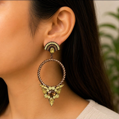 Antique Gold Hoop Earrings with Green & Amber Stone Detailing