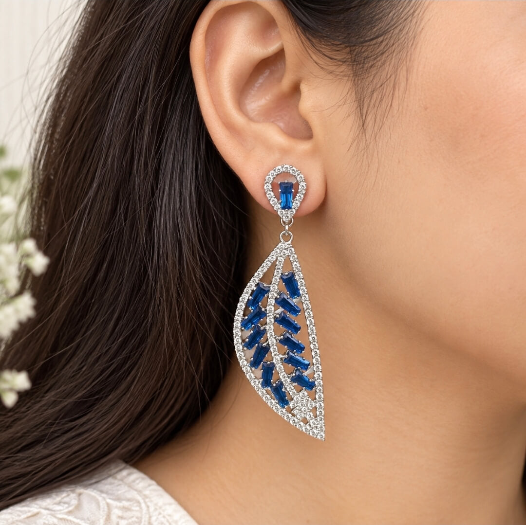 Blue Crystal Leaf Drop Earrings | Silver CZ Earrings